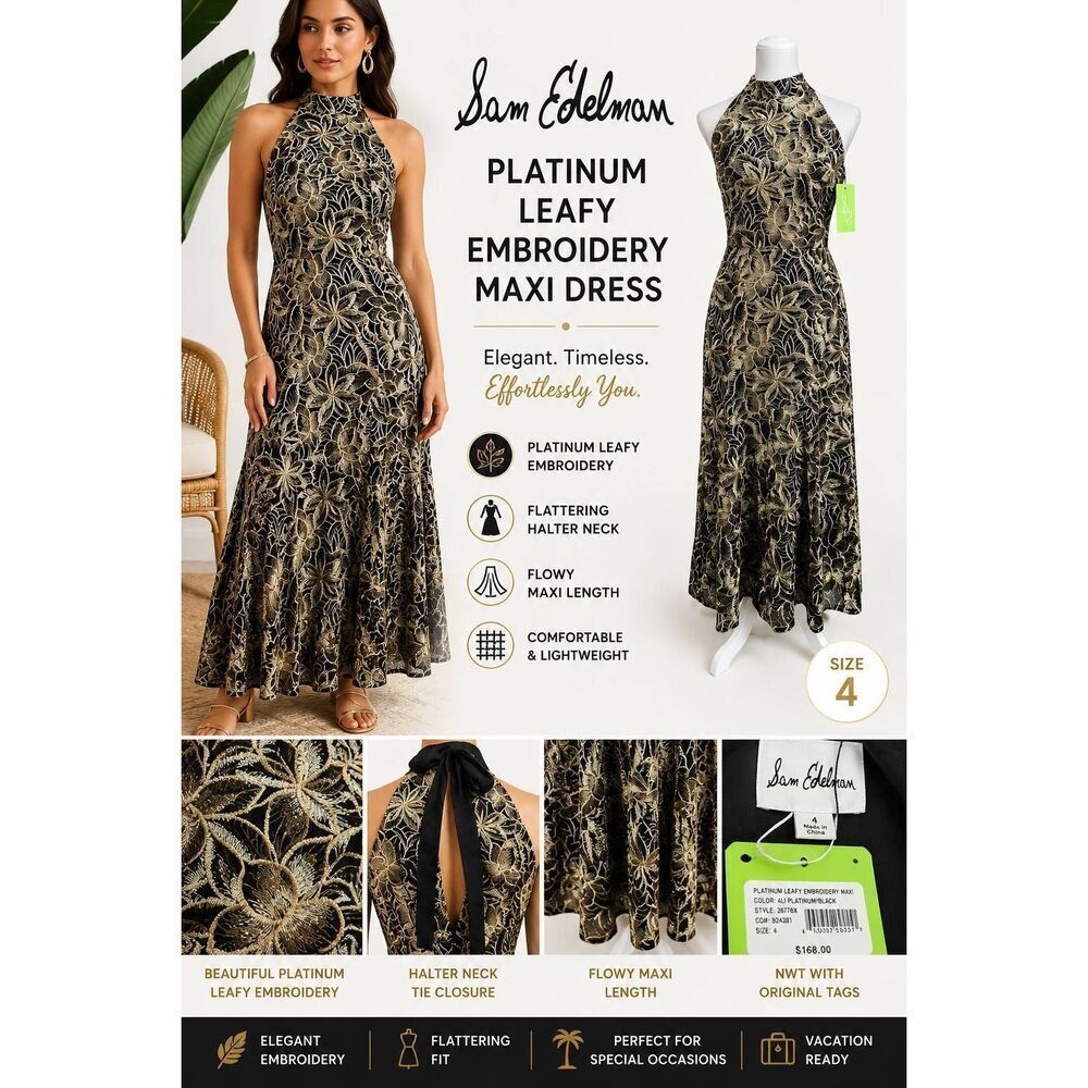 Sam Edelman Platinum Leaf Embroidery Halter Maxi Dress NWT Women's Size 4